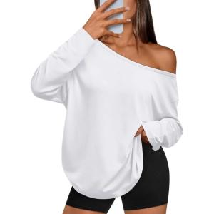 imageTrendy Queen Womens Off The Shoulder Tops Oversized Tshirts Long Sleeve 2025 Casual Basic TeesWhite