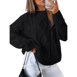 imageTrendy Queen Womens Oversized Cable Knit Crewneck SweatersBlack