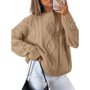 imageTrendy Queen Womens Oversized Cable Knit Crewneck SweatersCamel
