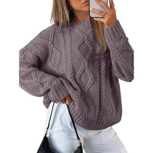 imageTrendy Queen Womens Oversized Cable Knit Crewneck SweatersMauve Taupe