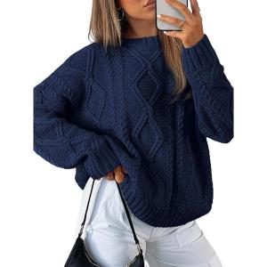 imageTrendy Queen Womens Oversized Cable Knit Crewneck SweatersNavy Blue