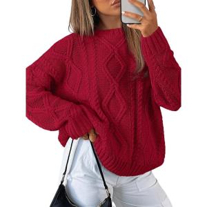 imageTrendy Queen Womens Oversized Cable Knit Crewneck SweatersRed