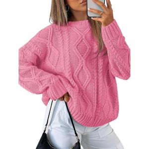 imageTrendy Queen Womens Oversized Cable Knit Crewneck SweatersRose Pink