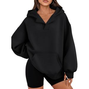 imageTrendy Queen Womens Oversized V Neck Hoodies with Thumb Hole Pullover Sweatshirts Y2k Clothes Fall Fashion Outfits 2025Black