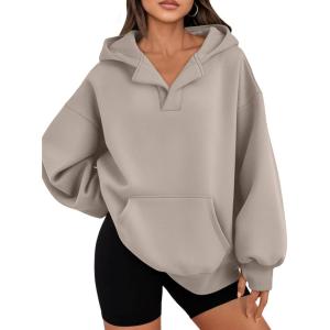imageTrendy Queen Womens Oversized V Neck Hoodies with Thumb Hole Pullover Sweatshirts Y2k Clothes Fall Fashion Outfits 2025Coffeegrey