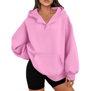 imageTrendy Queen Womens Oversized V Neck Hoodies with Thumb Hole Pullover Sweatshirts Y2k Clothes Fall Fashion Outfits 2025Pink