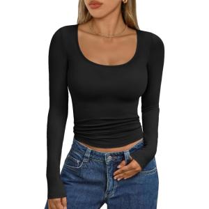 imageTrendy Queen Womens Scoop Neck Long Sleeve Shirts Skinny Going Out Crop Tops Cute Fall Fashion 2025 ClothesBlack