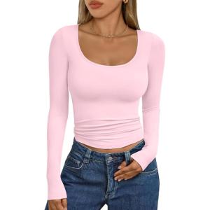 imageTrendy Queen Womens Scoop Neck Long Sleeve Shirts Skinny Going Out Crop Tops Cute Fall Fashion 2025 ClothesPink