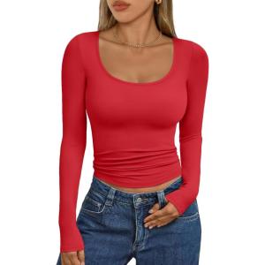 imageTrendy Queen Womens Scoop Neck Long Sleeve Shirts Skinny Going Out Crop Tops Cute Fall Fashion 2025 ClothesRed