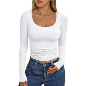 imageTrendy Queen Womens Scoop Neck Long Sleeve Shirts Skinny Going Out Crop Tops Cute Fall Fashion 2025 ClothesWhite