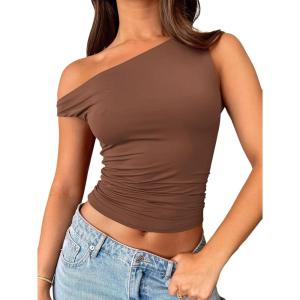 imageTrendy Queen Womens Summer Off The Shoulder Tops Going Out T Shirts Crop Tank Top Fashion Clothes Spring Outfits 2025Brown