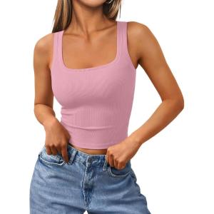 imageTrendy Queen Womens Summer Square Neck Tank Tops Workout Cropped Ribbed Summer Camisole Sleeveless Clothes 2025Babypink