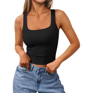 imageTrendy Queen Womens Summer Square Neck Tank Tops Workout Cropped Ribbed Summer Camisole Sleeveless Clothes 2025Black