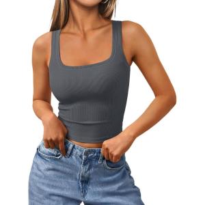 imageTrendy Queen Womens Summer Square Neck Tank Tops Workout Cropped Ribbed Summer Camisole Sleeveless Clothes 2025Blackgrey