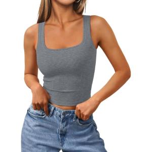 imageTrendy Queen Womens Summer Square Neck Tank Tops Workout Cropped Ribbed Summer Camisole Sleeveless Clothes 2025Gray