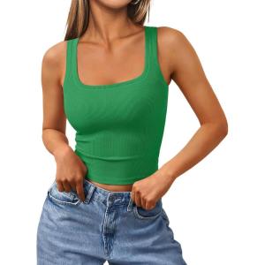 imageTrendy Queen Womens Summer Square Neck Tank Tops Workout Cropped Ribbed Summer Camisole Sleeveless Clothes 2025Green