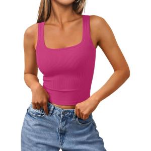 imageTrendy Queen Womens Summer Square Neck Tank Tops Workout Cropped Ribbed Summer Camisole Sleeveless Clothes 2025Hot Pink