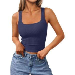 imageTrendy Queen Womens Summer Square Neck Tank Tops Workout Cropped Ribbed Summer Camisole Sleeveless Clothes 2025Navy