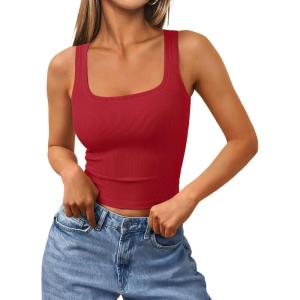 imageTrendy Queen Womens Summer Square Neck Tank Tops Workout Cropped Ribbed Summer Camisole Sleeveless Clothes 2025Red