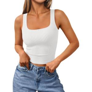 imageTrendy Queen Womens Summer Square Neck Tank Tops Workout Cropped Ribbed Summer Camisole Sleeveless Clothes 2025White