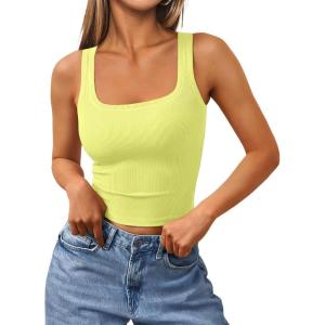 imageTrendy Queen Womens Summer Square Neck Tank Tops Workout Cropped Ribbed Summer Camisole Sleeveless Clothes 2025Yellow
