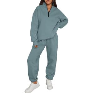 imageTrendy Queen Womens Sweatsuits 2 Piece Outfits Fall Lounge Sweat Sets Half Zip Sweatshirts with Baggy SweatpantsBluegreen