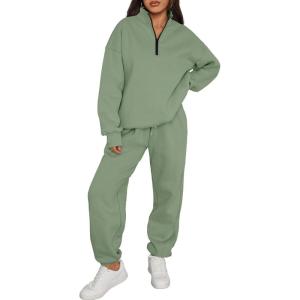 imageTrendy Queen Womens Sweatsuits 2 Piece Outfits Fall Lounge Sweat Sets Half Zip Sweatshirts with Baggy SweatpantsGreen