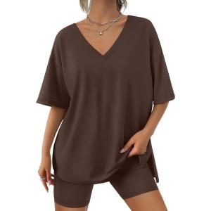 imageTrendy Queen Womens Two Piece Lounge Sets Summer Outfits 2025 Spring Fashion Vacation Tops Shorts Matching TracksuitsBrown