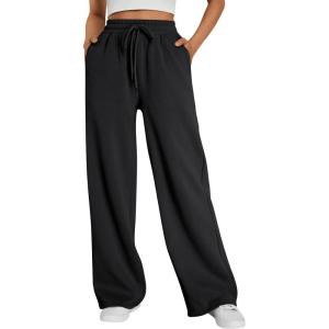 imageTrendy Queen Womens Wide Leg Sweatpants High Waisted Baggy Lounge Pants Drawstring Athletic Flared Joggers with PocketsBlack