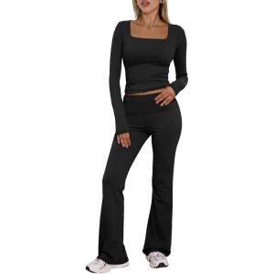 imageTrendy Queen Womens Workout Sets 2 Piece Fall Outfits Square Neck Tops Flare Pants Tracksuits Clothes Winter Fashion 2025Black