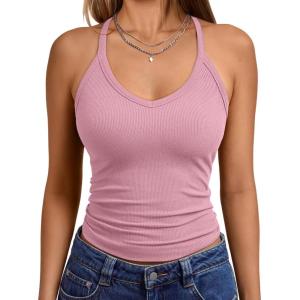 imageTrendy Queen Womens Workout Tank Tops Racerback Summer 2025 Camisole Top V Neck Ribbed Sleeveless Beach Fashion ClothesPink