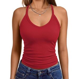 imageTrendy Queen Womens Workout Tank Tops Racerback Summer 2025 Camisole Top V Neck Ribbed Sleeveless Beach Fashion ClothesRed
