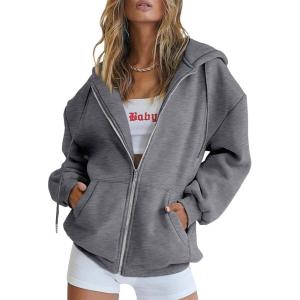 imageTrendy Queen Womens Zip Up Hoodies Oversized Sweatshirts Fall School Fashion Outfits Casual Jackets 2025 Winter ClothesDark Grey
