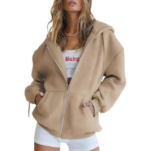 imageTrendy Queen Womens Zip Up Hoodies Oversized Sweatshirts Fall School Fashion Outfits Casual Jackets 2025 Winter ClothesDark Khaki