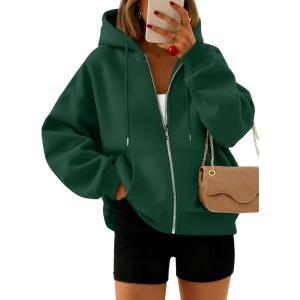 imageTrendy Queen Zip Up Hoodies For Women Cropped Sweatshirts Fall Fashion Outfits 2025 Y2k Fleece Teen Girls ClothesDarkgreen