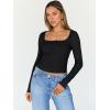 imageTrendy Queen Womens Long Sleeve Shirts Crop Square Neck Ribbed Tops Basic Slim Fit Y2K Fall Winter Clothes Outfits 2025Black