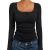 imageTrendy Queen Womens Long Sleeve Shirts Crop Square Neck Ribbed Tops Basic Slim Fit Y2K Fall Winter Clothes Outfits 2025Black