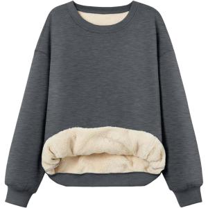 imageTrendy Queen Fleece Sherpa Lined Sweatshirts for Women 2025 Fall Fashion Winter Crewneck Pullover Hoodies Outfits ClothesDark Grey