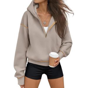 imageTrendy Queen Half Zip Pullover Hoodies for Women Y2k Cute Cropped Sweatshirts Jackets Fall Fashion 2025 Outfits ClothingCoffee Grey