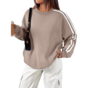 imageTrendy Queen Oversized Sweatshirt for Women Crewneck Fall Fashion Clothes 2025 Striped Sweater y2k Teen Girls OutfitsCoffeegrey