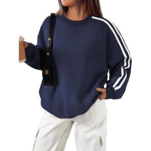 imageTrendy Queen Oversized Sweatshirt for Women Crewneck Fall Fashion Clothes 2025 Striped Sweater y2k Teen Girls OutfitsNavyblue