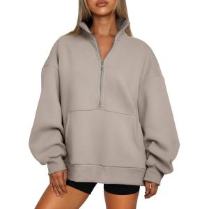 imageTrendy Queen Womens Half Zip Oversized Sweatshirts Casual Pullover Long Sleeve Shirts Fall Fashion 2024 Winter ClothesCoffee Grey