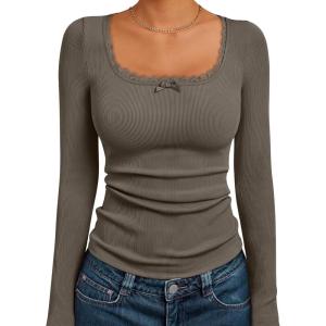 imageTrendy Queen Womens Long Sleeve Shirts Crop Square Neck Ribbed Tops Basic Slim Fit Y2K Fall Winter Clothes Outfits 2025Coffee