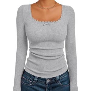 imageTrendy Queen Womens Long Sleeve Shirts Crop Square Neck Ribbed Tops Basic Slim Fit Y2K Fall Winter Clothes Outfits 2025Grey