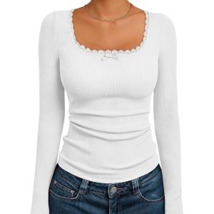 imageTrendy Queen Womens Long Sleeve Shirts Crop Square Neck Ribbed Tops Basic Slim Fit Y2K Fall Winter Clothes Outfits 2025White