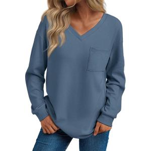 imageTrendy Queen Womens Long Sleeve Tops Casual Shirts V Neck Clothing Fall Fashion Clothes with PocketBlue