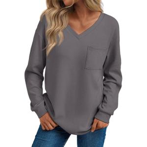 imageTrendy Queen Womens Long Sleeve Tops Casual Shirts V Neck Clothing Fall Fashion Clothes with PocketGrey