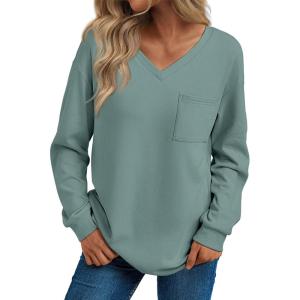 imageTrendy Queen Womens Long Sleeve Tops Casual Shirts V Neck Clothing Fall Fashion Clothes with PocketLight Green