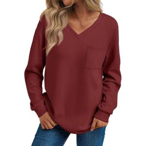 imageTrendy Queen Womens Long Sleeve Tops Casual Shirts V Neck Clothing Fall Fashion Clothes with PocketWine Red