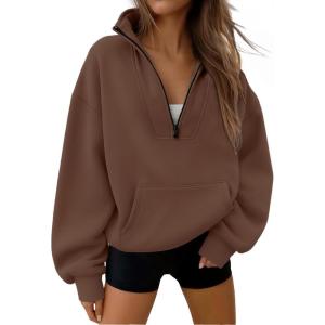 imageTrendy Queen Womens Sweatshirts Quarter Half Zip Pullover Fall Fashion Outfits 2025 Oversized Hoodies Comfy Winter ClothesBrown